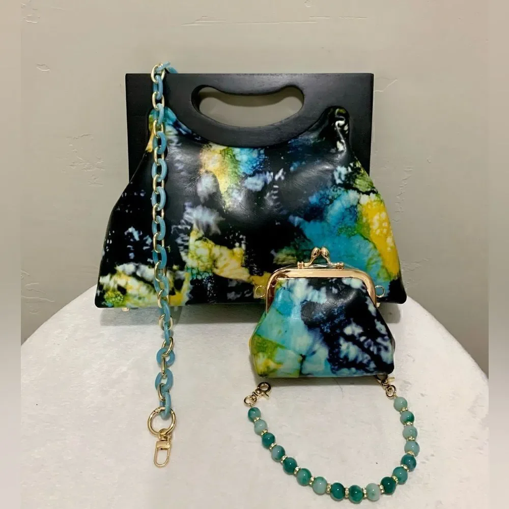 Unique Cowhide Leather Tie-dye Print Handmade Wooden Frame Top Handle Bag